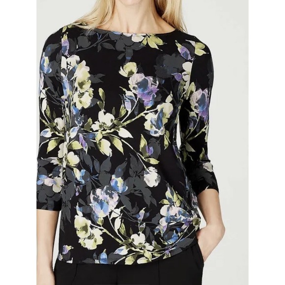 J. Jill Tops - J Jill Wearever Womens Floral Boat Neck 3/4 Sleeve Top Stretchy Black Sz M